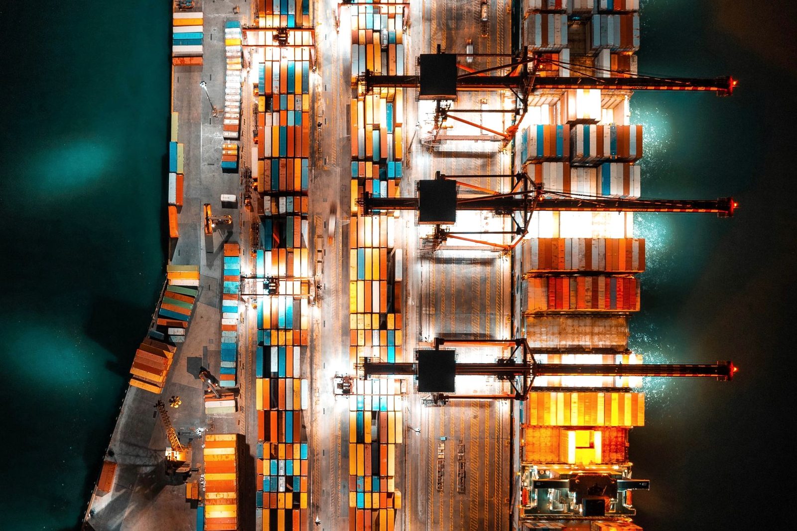 Containers stacked under gantry cranes